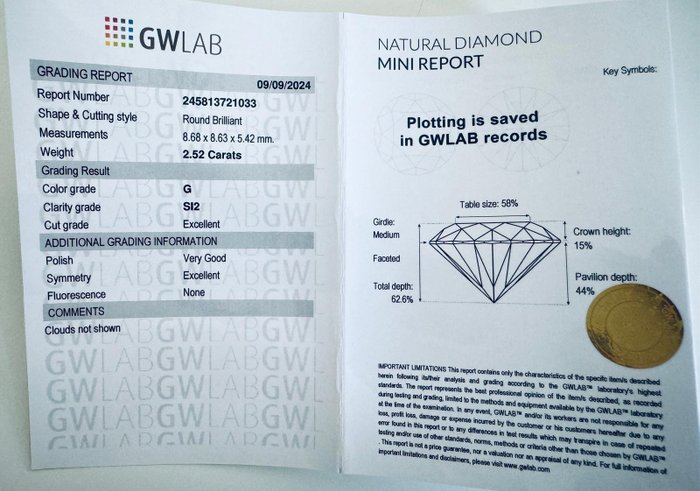 1 pcs Diamant  (Natur)  - 252 ct - Rund - G - SI2 - Gemewizard Gemological Laboratory (GWLab)