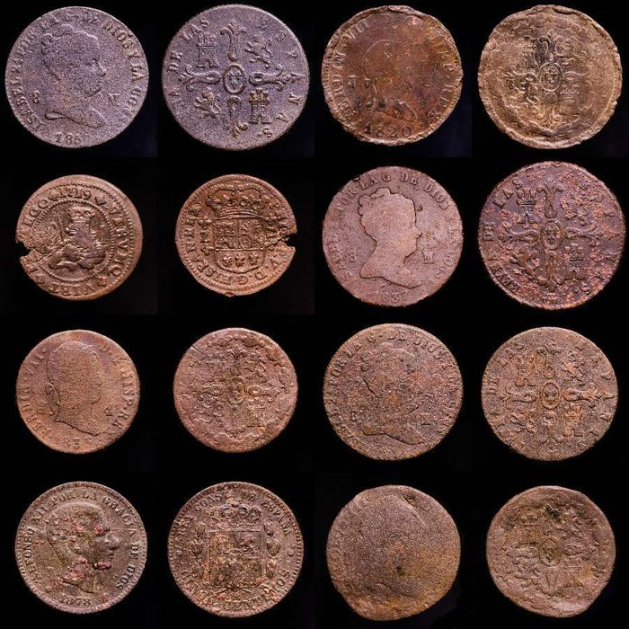 Spanien Isabel II Fernando VII Alfonso XII Carlos III y Felipe V Lote de 8 monedas Lote de 8 españolas acuñadas entre los siglos XVIII y XIX  (Ingen mindstepris)