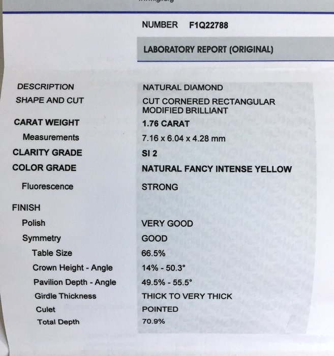 1 pcs Diamant  (Naturfarvet)  - 176 ct - Radiant - Fancy intense Gul - SI2 - International Gemological Institute (IGI)