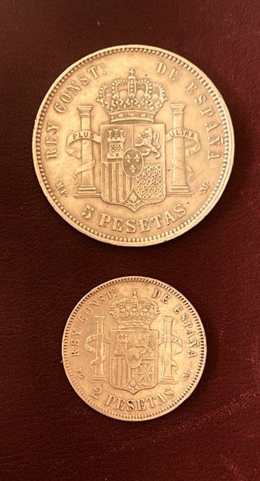 Kongeriget Spanien. Alfonso XIII. 5 Pesatas 1890 + 2 Pesetas 1892  (Ingen mindstepris)