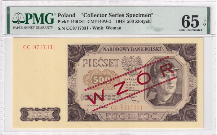 Polen. - 500 Zlotych 1948 - Specimen - Pick 140 part of CS1 - Miłczak# 140Wd  (Ingen mindstepris)