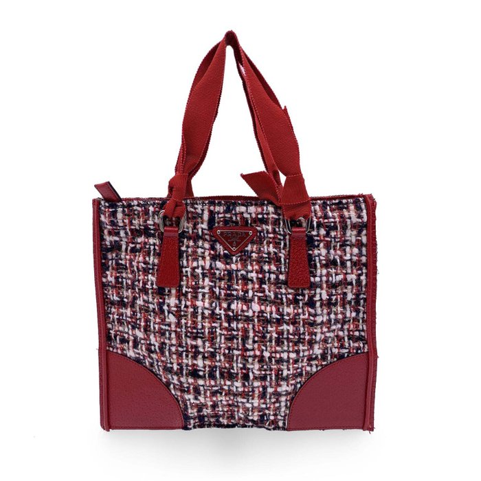 Prada - Red Tweed and Leather Small Flat Handbag Satchel - Mulepose