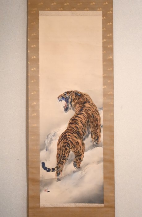 Roaring Beast - Snowy Mountain Fierce Tiger 猛虎 - Hanging Scroll - “Takagi Biseki 高木美石（1887-1951）” - Japan  (Ingen mindstepris)