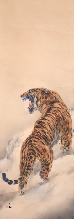 Roaring Beast - Snowy Mountain Fierce Tiger 猛虎 - Hanging Scroll - “Takagi Biseki 高木美石（1887-1951）” - Japan  (Ingen mindstepris)