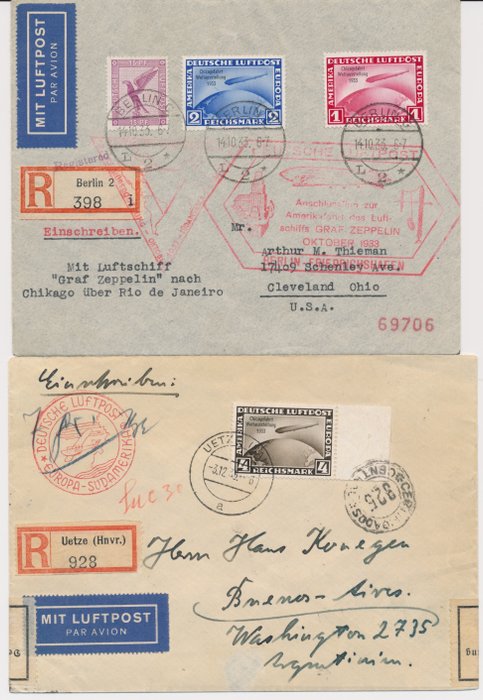 Tyske Kejserrige 1933 - Zeppelin luftskib LZ 127 - Chicago tur til verdensudstillingen to bogstaver, forbindelsesflyvning - zur Südamerikafahrt und hochwertiger Frankatur von Chicagofahrt 1 RM - 4 RM,  Michel Nr. 496-498