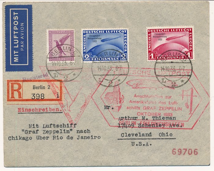 Tyske Kejserrige 1933 - Zeppelin luftskib LZ 127 - Chicago tur til verdensudstillingen to bogstaver, forbindelsesflyvning - zur Südamerikafahrt und hochwertiger Frankatur von Chicagofahrt 1 RM - 4 RM,  Michel Nr. 496-498