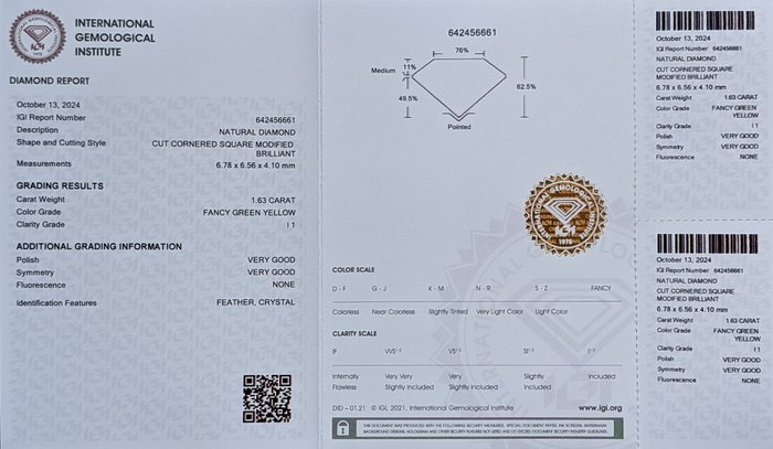 Ingen mindstepris - 1 pcs Diamant  (Naturfarvet)  - 1.63 ct - Kvadrat - Fancy Grøn Gul - SI1 - International Gemological Institute (IGI)