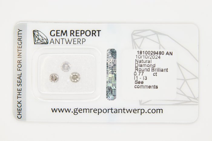 Ingen mindstepris - 3 pcs Diamant  (Natur)  - 0.77 ct - Rund - I1, I2, I3 - Gem Report Antwerp (GRA) - INGEN RESERVEPRIS