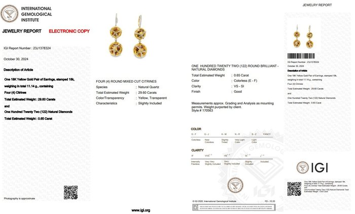 Øreringe - 18 kraat Gulguld -  30.25ct. tw. Citrin - Diamant - en af slagsen