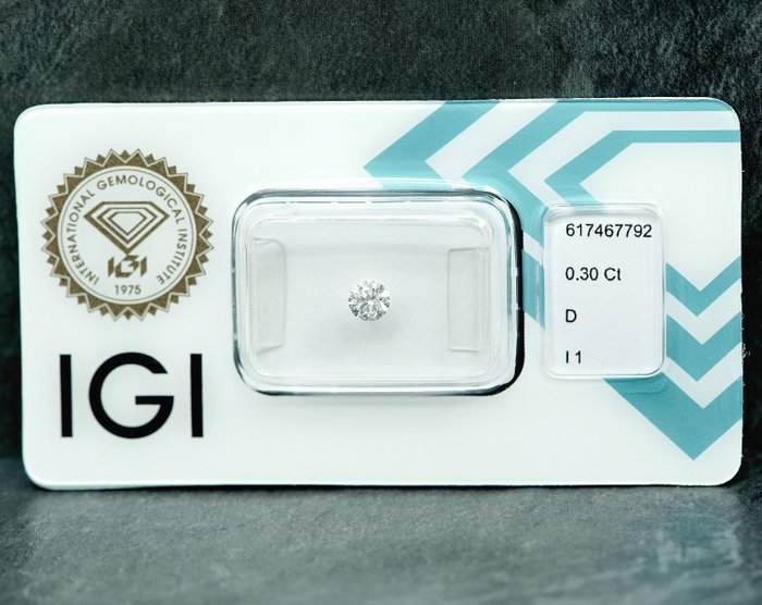 1 pcs Diamant  (Natur)  - 0.30 ct - D (farveløs) - I1 - International Gemological Institute (IGI)