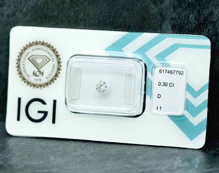 1 pcs Diamant  (Natur)  - 0.30 ct - D (farveløs) - I1 - International Gemological Institute (IGI)