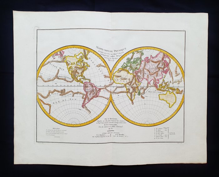 World Map - Fysisk verdenskort i halvkugler; Mentelle, Chanlaire  Belleyme - Mappemonde Physique en Deux Hemispheres, 1779 - 1781-1800