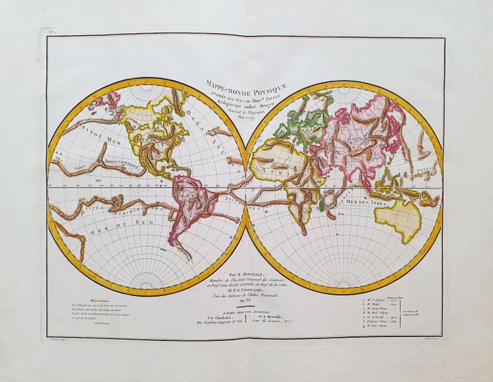 World Map - Fysisk verdenskort i halvkugler; Mentelle, Chanlaire  Belleyme - Mappemonde Physique en Deux Hemispheres, 1779 - 1781-1800