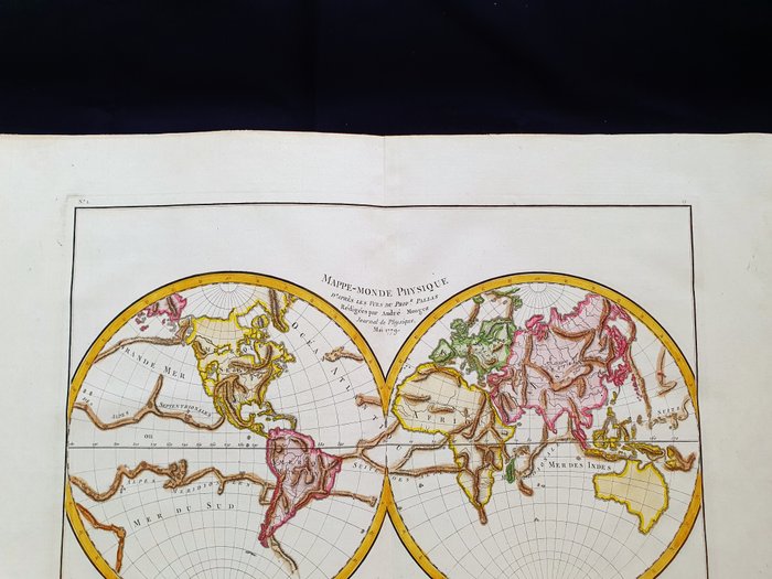 World Map - Fysisk verdenskort i halvkugler; Mentelle, Chanlaire  Belleyme - Mappemonde Physique en Deux Hemispheres, 1779 - 1781-1800