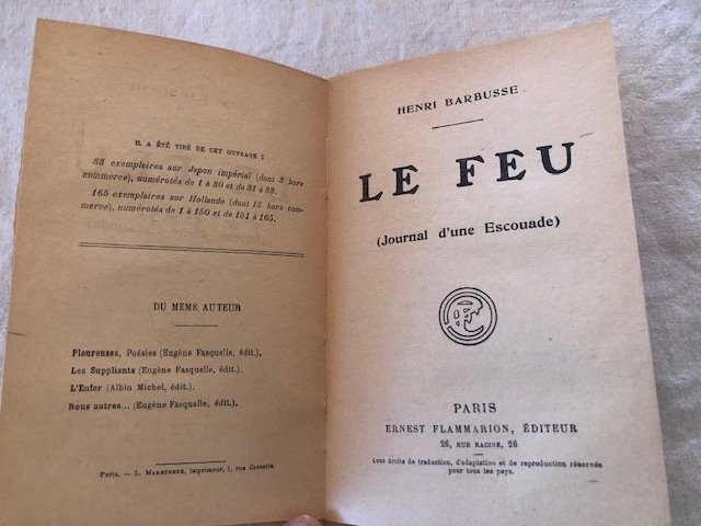 Signé; Henri Barbusse - Le Feu - 1916