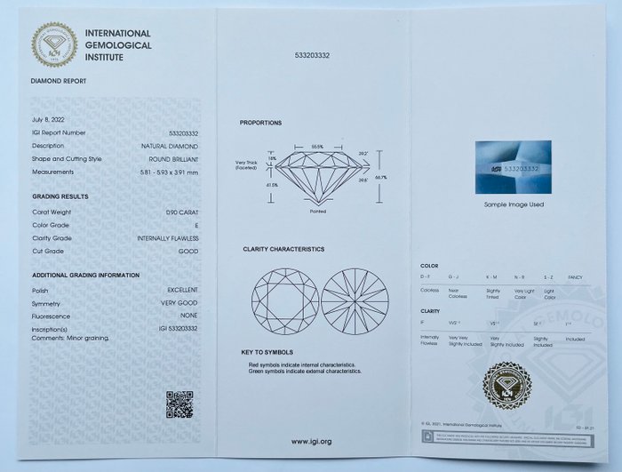 1 pcs Diamant  (Natur)  - 0.90 ct - Rund - E - IF - International Gemological Institute (IGI)