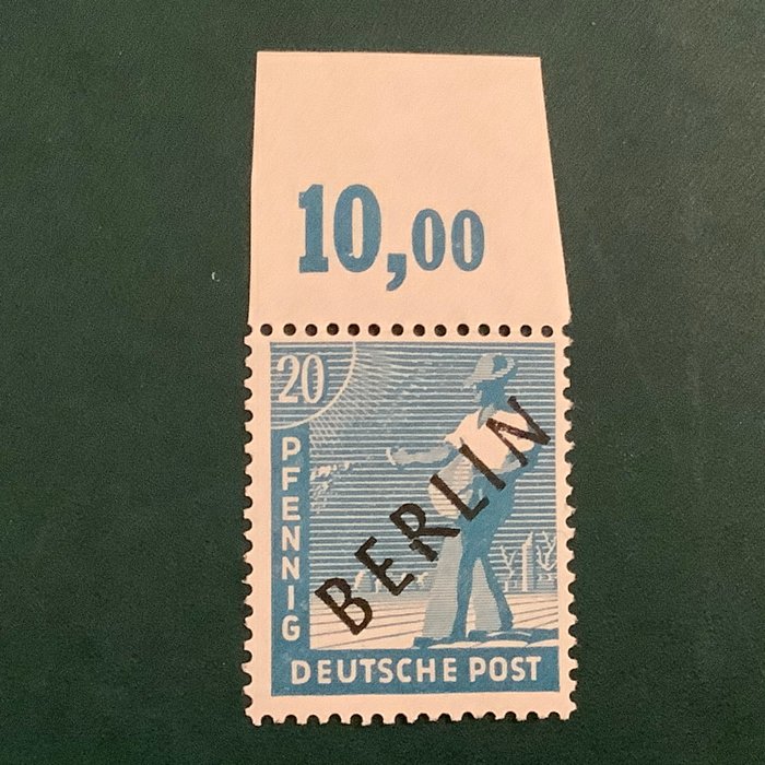 Berlin 1948 - 20 Pf sort print med OR og pladefejl brudt R - einwandfrei befund Schlegel BPP - Michel 8 IV POR ndgz