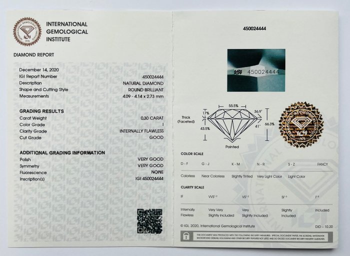 1 pcs Diamant  (Natur)  - 0.30 ct - Rund - I - IF - International Gemological Institute (IGI)