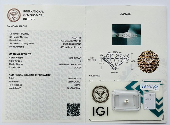 1 pcs Diamant  (Natur)  - 0.30 ct - Rund - I - IF - International Gemological Institute (IGI)