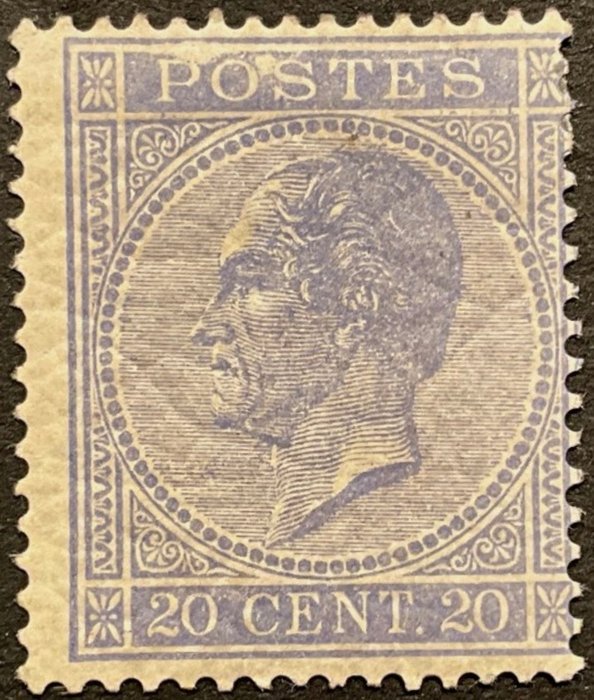 Belgien 1867 - Leopold I i venstre profil: 20c VIOLET blå - Sjælden nuance - OBP/COB 18Ab