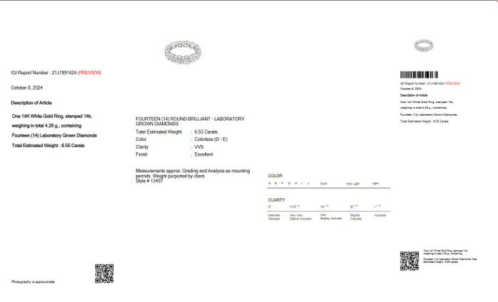 Ingen mindstepris - Alliancering - 14 karat Hvidguld -  6.55ct. tw. Diamant (Laboratoriedyrket) - D-E VVS IGI