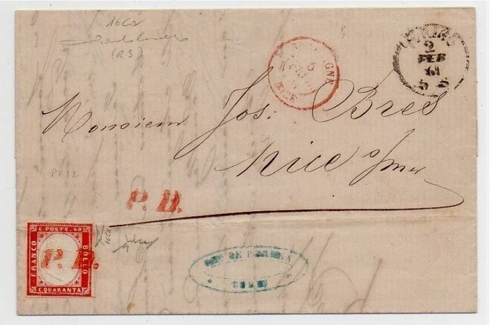 Antikke Italienske Stater - Sardinien 1861 - Brev med 40 cent karmin til Frankrig med P.D i rødt - sjældent annullering - Sassone 16Ca