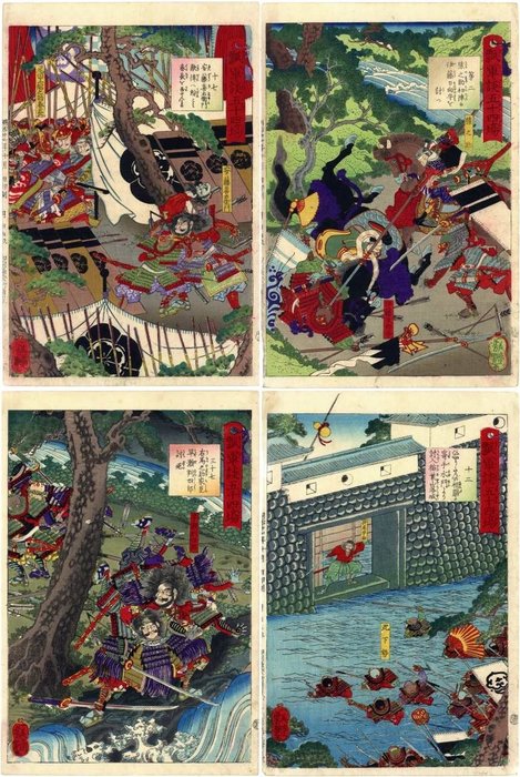 Træbloktryk (Meiji genoptryk) (4) - Papir - Utagawa Ichieisai Yoshitsuya (1822-66) - From series 'Fifty-four Scenes from the Story of Hideyoshi' 瓢軍談五十四場 - Japan - 1891 (Meiji 24)