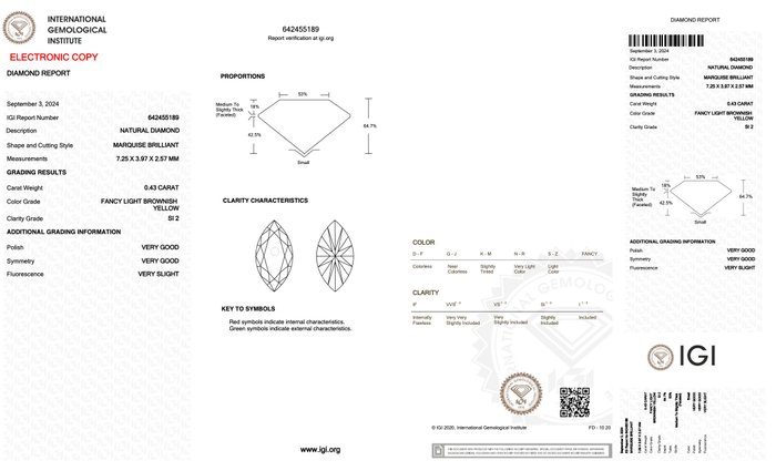 Ingen mindstepris - 1 pcs Diamant  (Naturfarvet)  - 0.43 ct - Marquise - Fancy light Brunlig Gul - SI2 - International Gemological Institute (IGI)