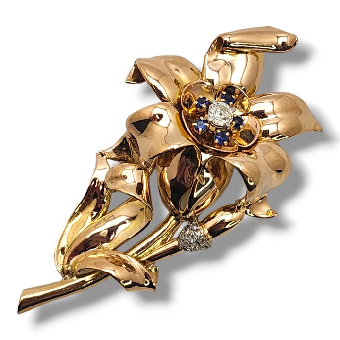 Broche - 18 kraat Gulguld, Vintage 18 karat guld safir  0,5 karat diamant stor broche 25,9 gram