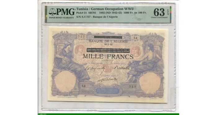 Tunesien. - 1000 Francs - 1892 (ND 1942-43) - German Occupation WWII - Pick 31