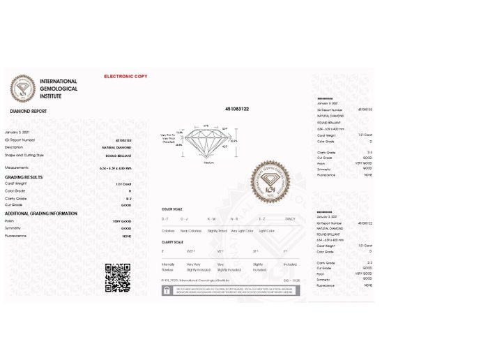 1 pcs Diamant  (Natur)  - 1.01 ct - Rund - D (farveløs) - SI2 - International Gemological Institute (IGI) - c28