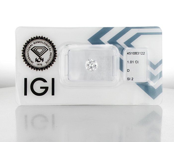 1 pcs Diamant  (Natur)  - 1.01 ct - Rund - D (farveløs) - SI2 - International Gemological Institute (IGI) - c28