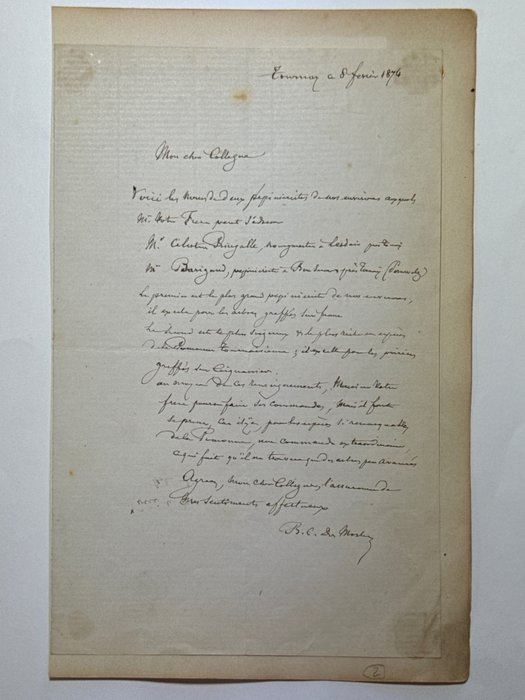 Barthélemy Dumortier (1797-1878) homme politique belge et botaniste. - Lettre autograph signé du Ministre d'État et du Président de la Société royale de botanique de - 1874