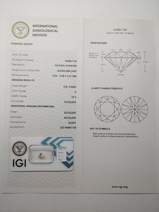 1 pcs Diamant  (Natur)  - 081 ct - Rund - H - VS2 - International Gemological Institute (IGI)