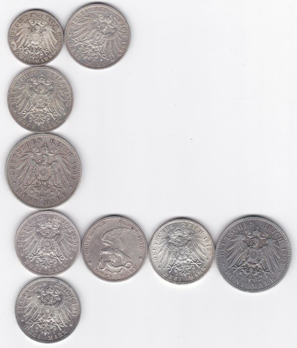 Tyskland, Emperie, Baden, Bayern, Hamborg, Preussen og Würtemberg. Lot of 2, 3  5 Mark Silver Coins 9 pieces 1900-1913