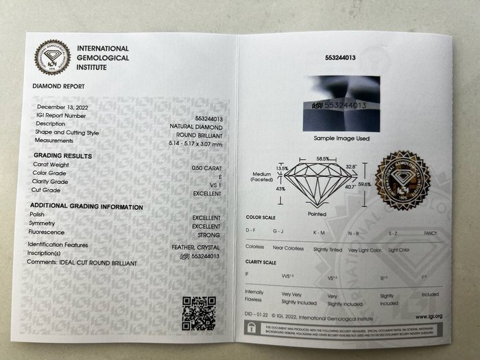 1 pcs Diamant  (Natur)  - 050 ct - Rund - E - VS1 - International Gemological Institute (IGI)