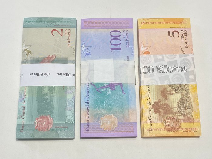 Venezuela. - 100 x 2, 100 x 5, and 100 x 100 Bolívares - (2011-2018) - Pick 89, Pick 101 and Pick 106 - 3 Bundles  (Ingen mindstepris)