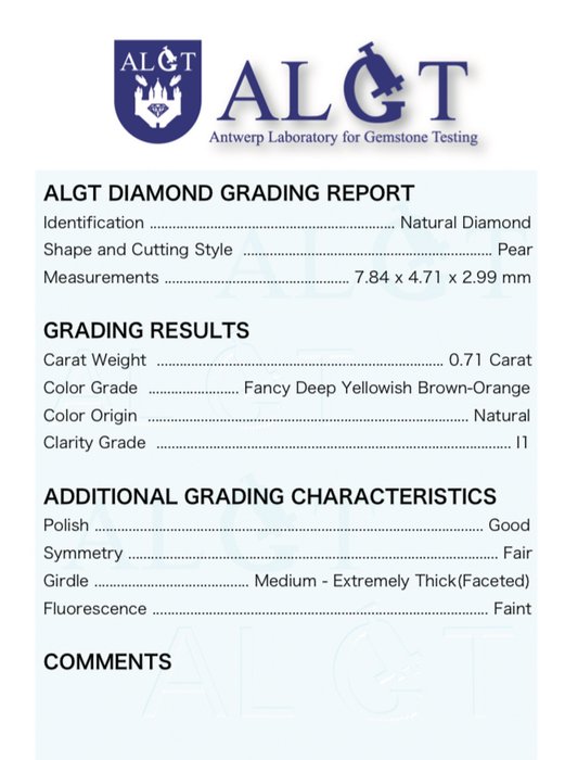 1 pcs Diamant  (Naturfarvet)  - 0.71 ct - Pære - Fancy deep Brun, Gullig Orange - I1 - Antwerp Laboratory for Gemstone Testing (ALGT)