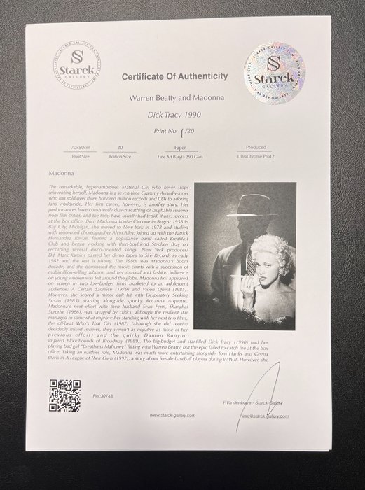 Dick Tracy 1990 - Warren Beatty and Madonna - Fine Art Photography - Luxury Wooden Framed 70X50 cm - Limited Edition 03 of 20 - Serial ID 30748 - Original Certificate (COA) Hologram Logo Editor and QR Code - 100% New items