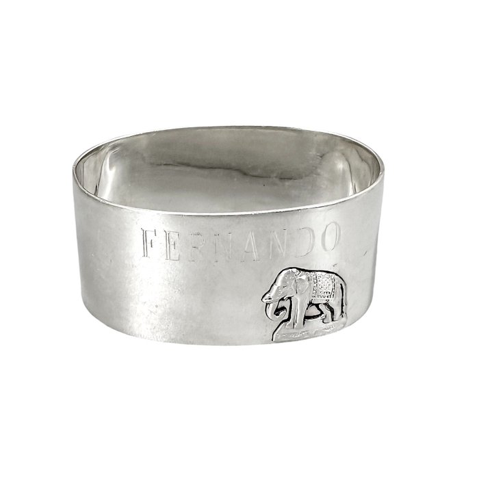 Large oblong sterling silver napkin ring inscribed "Fernando" and decorated with elephant - Serviet ring - .925 sølv