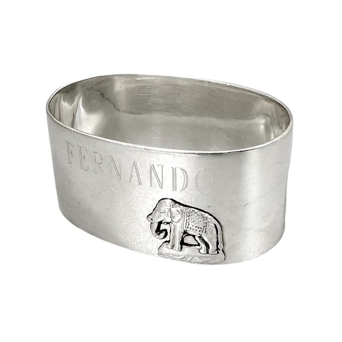 Large oblong sterling silver napkin ring inscribed "Fernando" and decorated with elephant - Serviet ring - .925 sølv