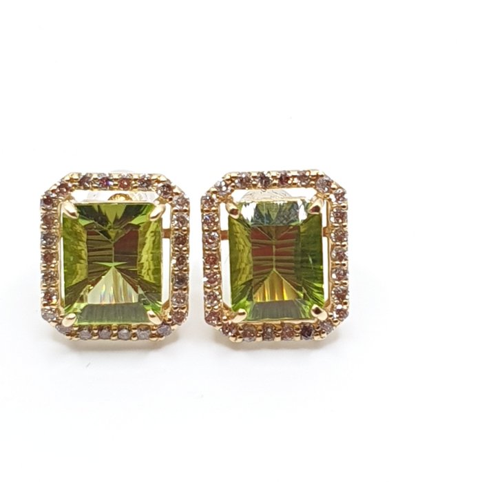 Øreringe - 18 kraat Gulguld -  4.50ct. tw. Peridot - Diamant