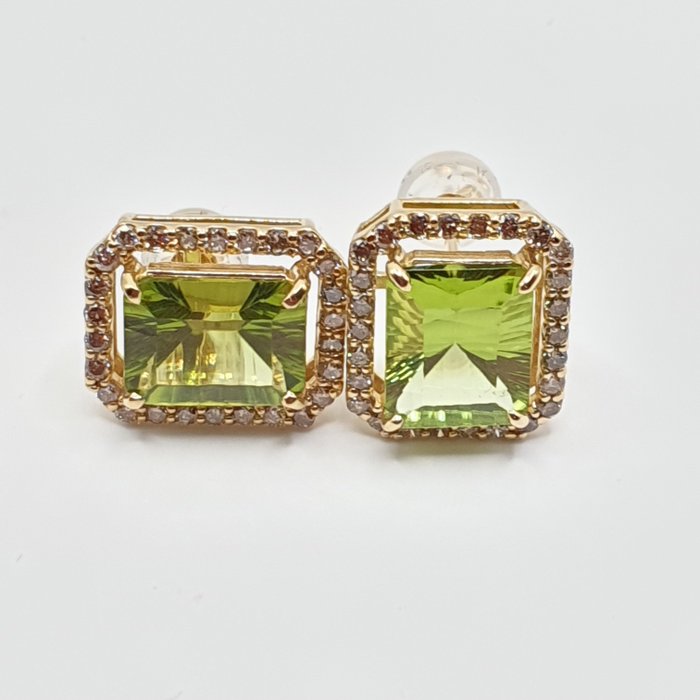 Øreringe - 18 kraat Gulguld -  4.50ct. tw. Peridot - Diamant