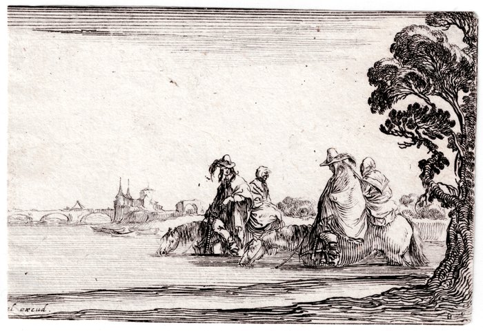 Stefano Della Bella (1610-1664) - A pair : three horses: + Horseman crossing a river