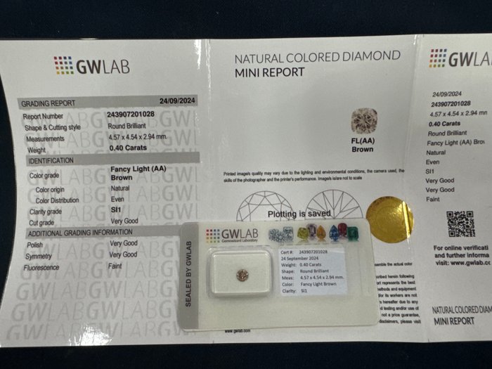 Ingen mindstepris - 1 pcs Diamant  (Naturfarvet)  - 0.40 ct - Rund - Fancy light Brun - SI1 - Gemewizard Gemological Laboratory (GWLab)