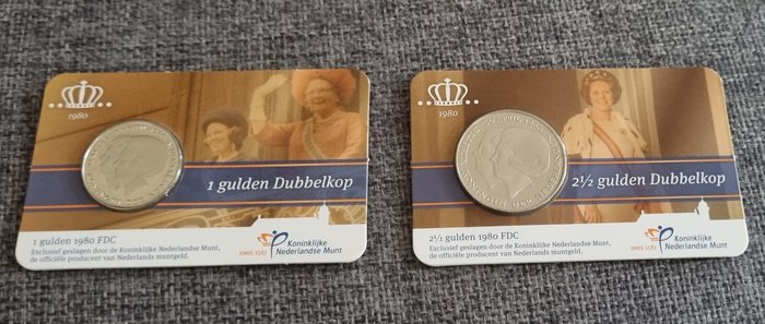 Holland. 1980 2 coincards, (1 Gulden, 1 Rijksdaalder)  (Ingen mindstepris)