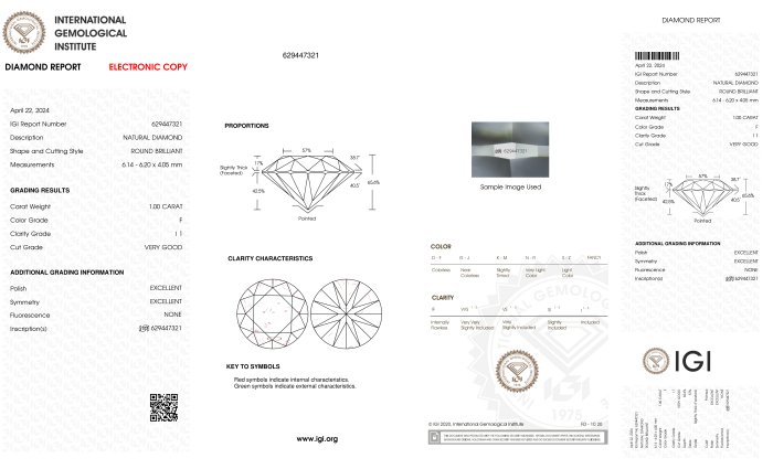 Ingen mindstepris - 1 pcs Diamant  (Natur)  - 1.00 ct - Rund - F - I1 - International Gemological Institute (IGI) - *EX VG Ingen*