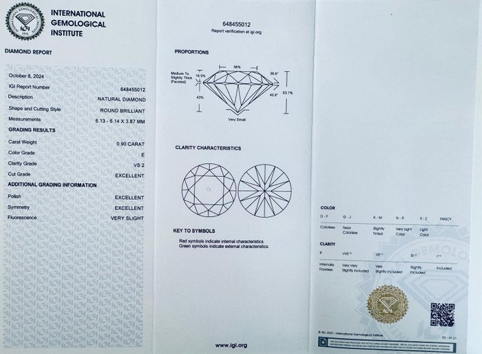 1 pcs Diamant  (Natur)  - 0.90 ct - Rund - E - VS2 - International Gemological Institute (IGI)