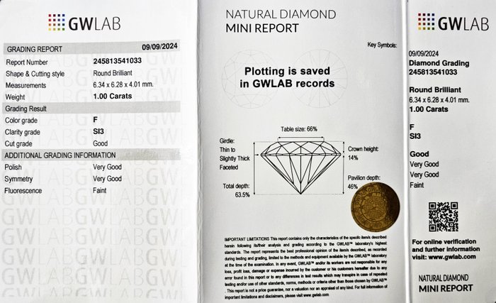 1 pcs Diamant  (Natur)  - 1.00 ct - Rund - F - SI3 - Gemewizard Gemological Laboratory (GWLab)