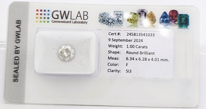 1 pcs Diamant  (Natur)  - 1.00 ct - Rund - F - SI3 - Gemewizard Gemological Laboratory (GWLab)